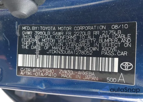 2010 Toyota Prius Ii from USA, damaged, VIN JTDKN3DU8A1278052